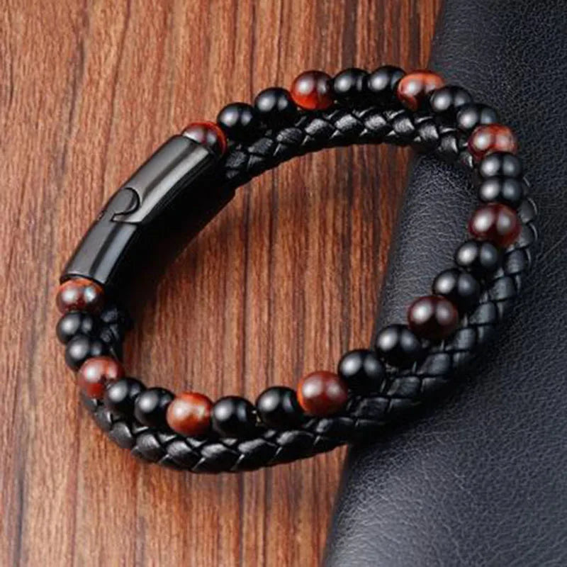 Natural Stone Beaded Bracelet – Volcanic Rock, Tiger Eye, Magnetic Leather Design