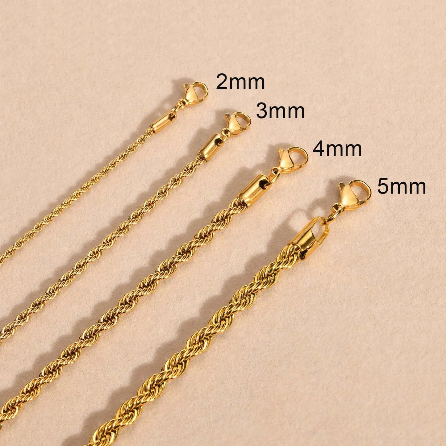 Stainless Steel Rope Chain – Gold Color, Tarnish-Resistant