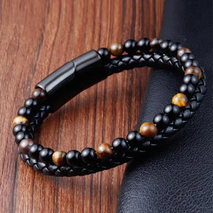 Natural Stone Beaded Bracelet – Volcanic Rock, Tiger Eye, Magnetic Leather Design